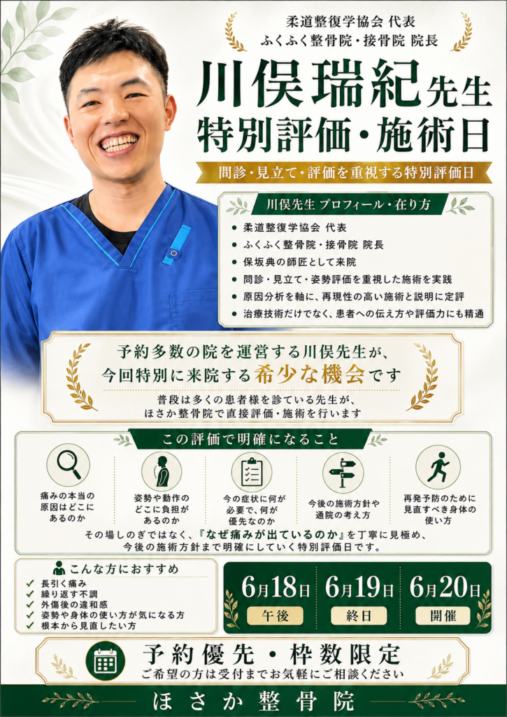 【6月18日午後・19日終日・20日開催】川俣瑞紀先生による特別評価・施術日のお知らせ